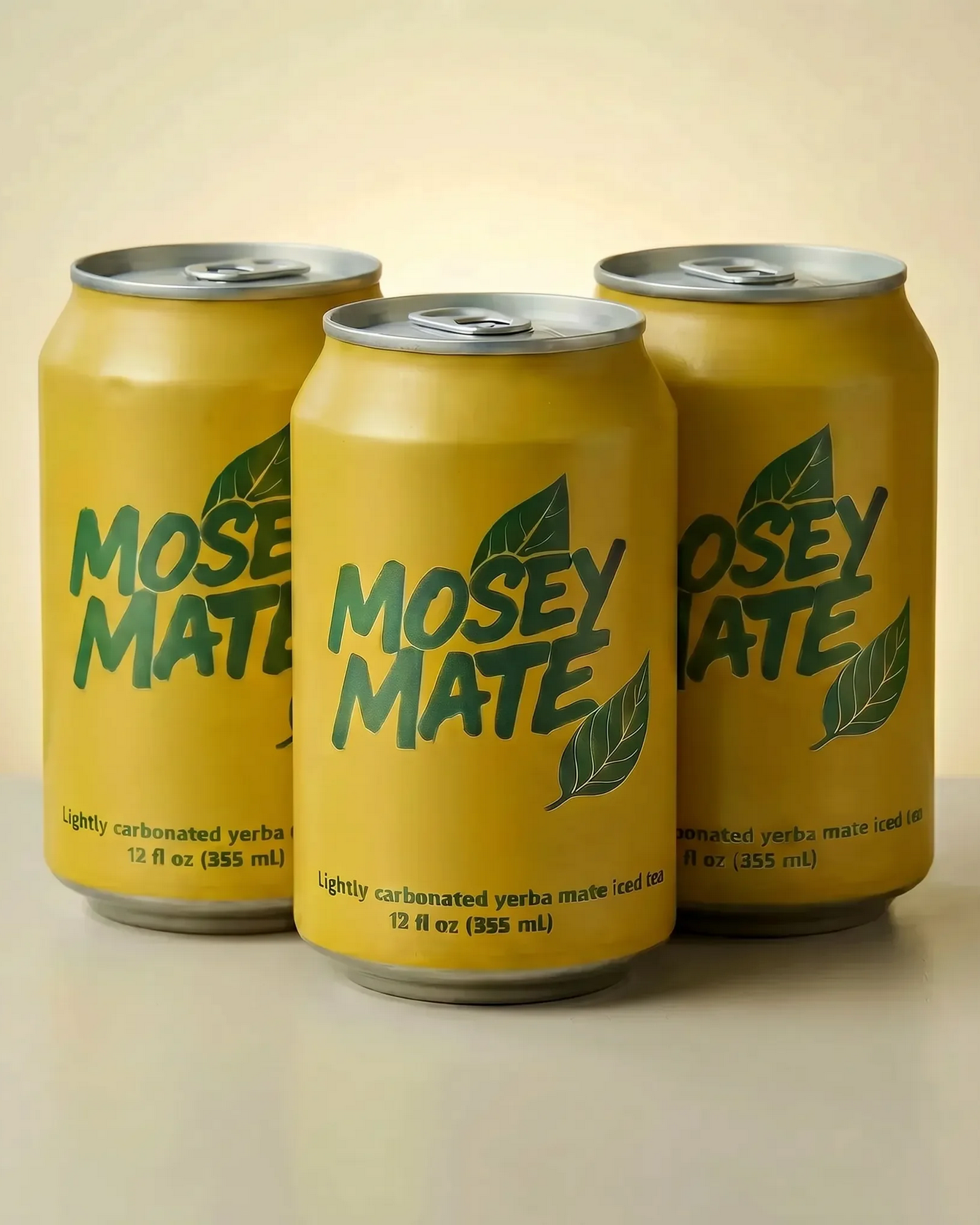 Three yellow cans of Mosey Mate yerba mate on a beige background